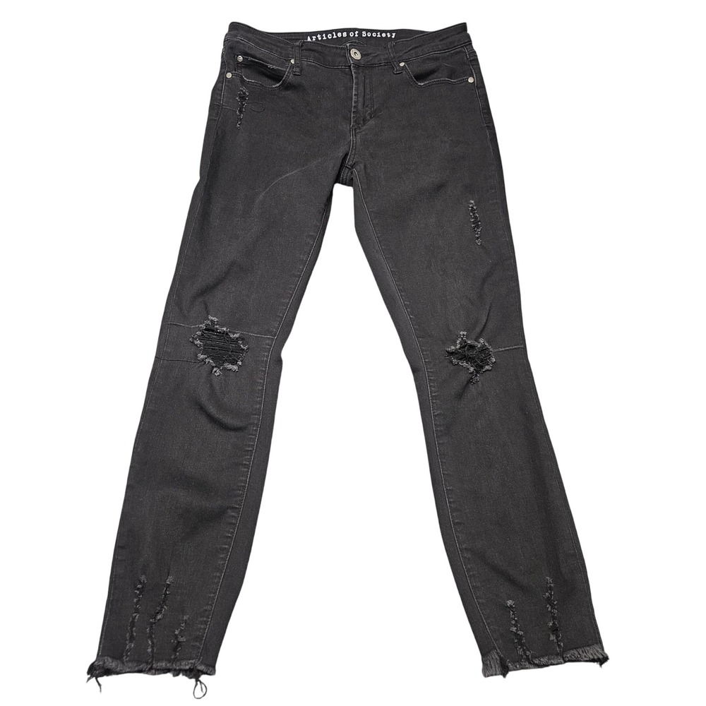 Articles of Society Skinny Jeans 28 Black Distressed Raw Hem Y2K Grunge Moto